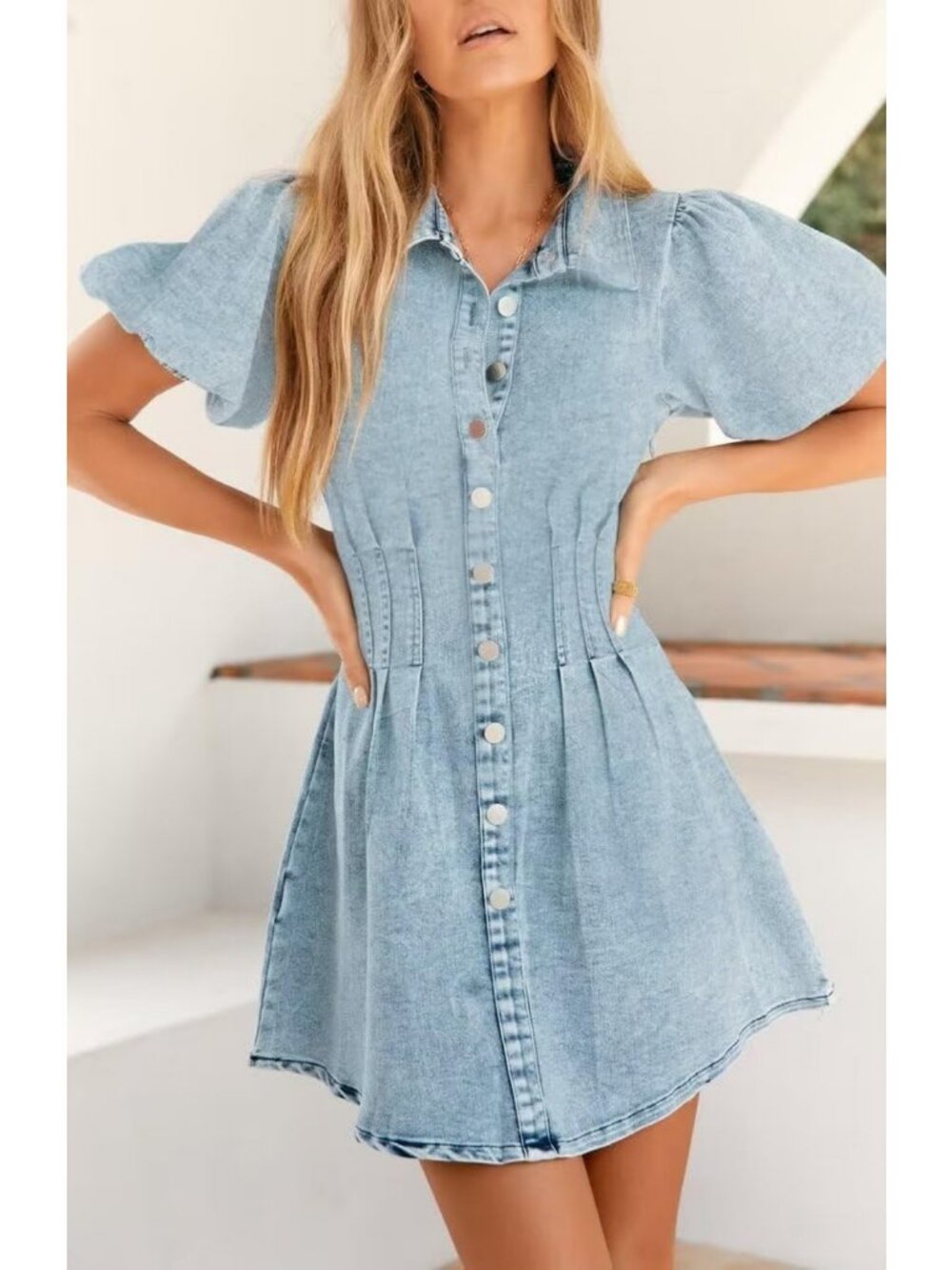 Chic Summer Denim Dress with Puff Sleeves | Slim Fit Jean Dress for Women - Picture 6 of 6